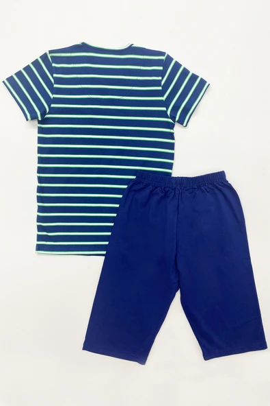 ERKEK ÇOCUK KAPRİLİ PİJAMA TAKIMI PAMUK ÇİZGİLİ BASKILI A6 - Resim 3
