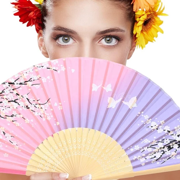 Beluga Yelpaze Bambu Kumaş Serinletici Vintage Pembe/Lila Bahar Dalı Şık Dekorasyon Püsküllü Japon Yelpaze 0235 - 2