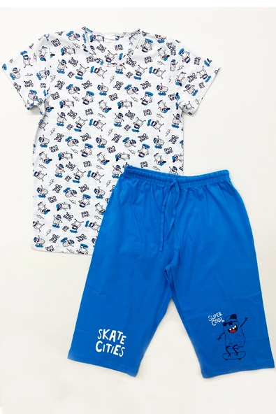 ERKEK ÇOCUK KAPRİLİ PİJAMA TAKIMI PAMUK ÇİZGİLİ BASKILI A6 - Resim 5