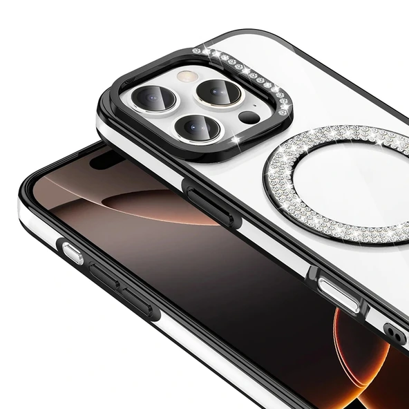 Apple iPhone 16 Pro Max Kılıf Pırlanta Taş Tasarımlı Magsafe Şarj Özellikli Redclick Karetta Silikon Kapak - Resim 11