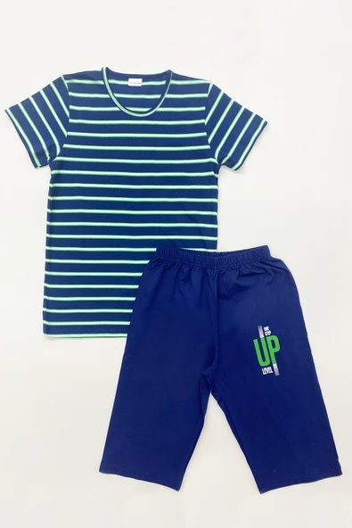 ERKEK ÇOCUK KAPRİLİ PİJAMA TAKIMI PAMUK ÇİZGİLİ BASKILI A6 - Resim 2