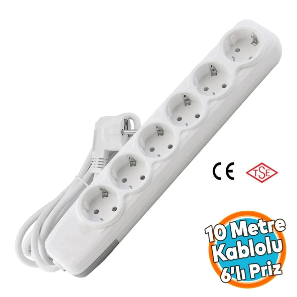 Topraklı Grup Priz Fiş Çoğaltıcı 10 Metre Kablolu 6'lı Çoklu Asmalı Uzatma Kablosu Anahtarsız