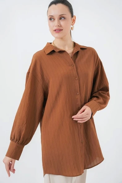 Çizgili Uzun Gömlek Tunik 5963 - Kahverengi - Resim 4