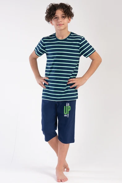 ERKEK ÇOCUK KAPRİLİ PİJAMA TAKIMI PAMUK ÇİZGİLİ BASKILI A6 ürün görseli