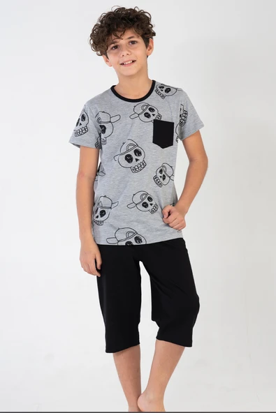 ERKEK ÇOCUK KAPRİLİ PİJAMA TAKIMI PAMUK BASKILI CEP DETAYLI A3 - Resim 2