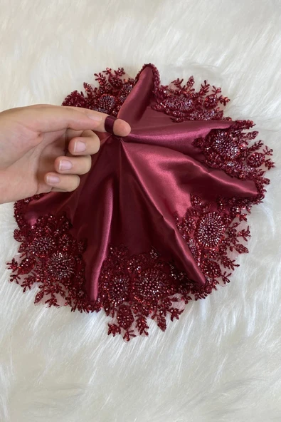 BUTİK CENTER Saten Gelin Mendili, Boncuk Inci Pul Aplikli Lüks Mendil - 2