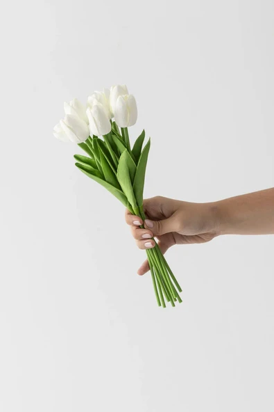 BUTİK CENTER Yapay 8'li Islak Lale Buketi Gerçeksi Doku Beyaz - Resim 2