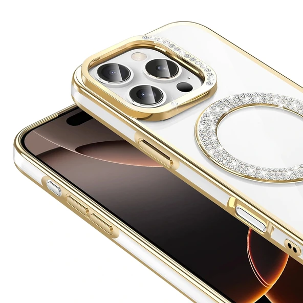 Apple iPhone 16 Pro Kılıf Pırlanta Taş Tasarımlı Magsafe Şarj Özellikli Redclick Karetta Silikon Kapak - Resim 5
