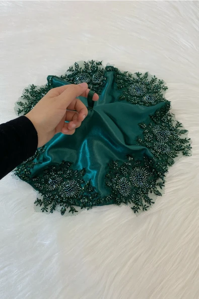 BUTİK CENTER Saten Gelin Mendili, Boncuk Inci Pul Aplikli Lüks Mendil - 5