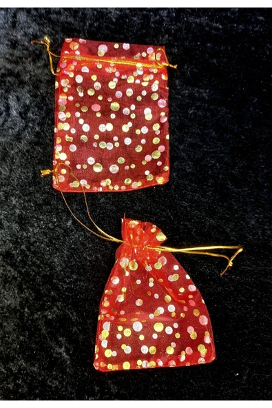 Kırmızı Organze Tül Kese ,100 Parça, (9 X 12 CM) Kına Çerez Nişan Hediye Kesesi, Gold Puanlı - 5