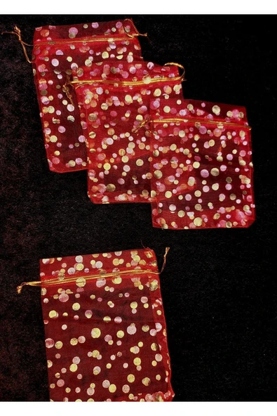 Kırmızı Organze Tül Kese ,100 Parça, (9 X 12 CM) Kına Çerez Nişan Hediye Kesesi, Gold Puanlı - 6