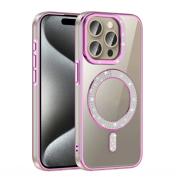 Apple iPhone 15 Pro Kılıf Pırlanta Taş Tasarımlı Magsafe Şarj Özellikli Redclick Karetta Silikon Kapak - Resim 2