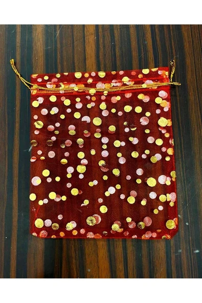 Kırmızı Organze Tül Kese ,100 Parça, (9 X 12 CM) Kına Çerez Nişan Hediye Kesesi, Gold Puanlı - 4