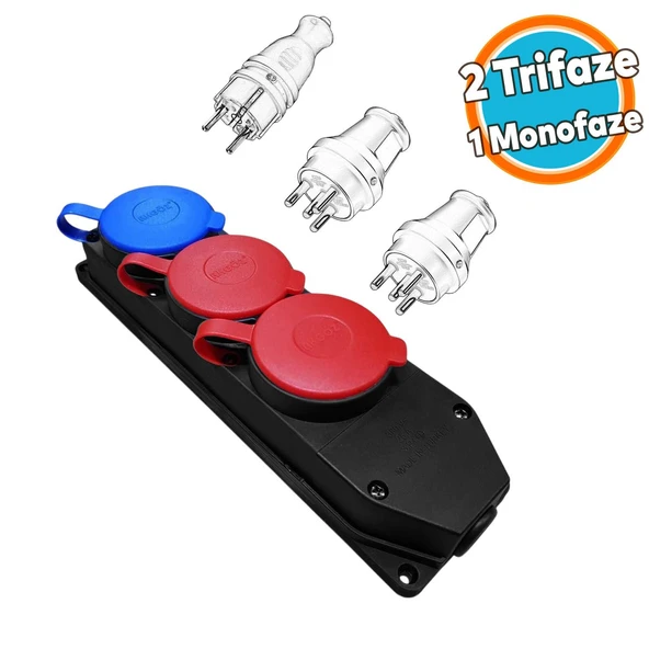 Kapaklı Klemensli Grup Priz 1 Monofaze ve 2 Trifaze Kombinli 3'lü Çoğaltıcı Kablosuz Kauçuk Topraklı