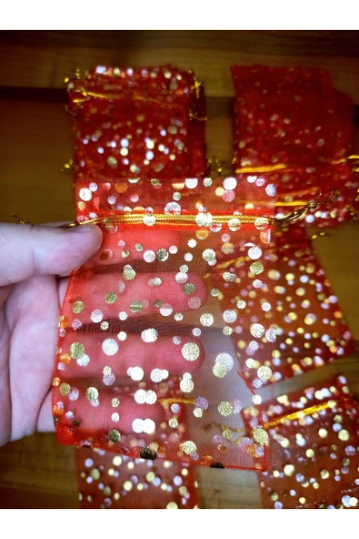 Kırmızı Organze Tül Kese ,100 Parça, (9 X 12 CM) Kına Çerez Nişan Hediye Kesesi, Gold Puanlı - 7