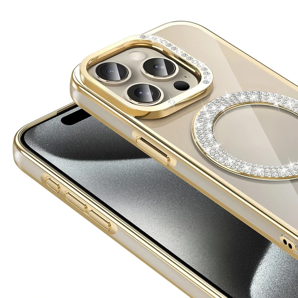Apple iPhone 15 Pro Max Kılıf Pırlanta Taş Tasarımlı Magsafe Şarj Özellikli Redclick Karetta Silikon Kapak - Resim 11