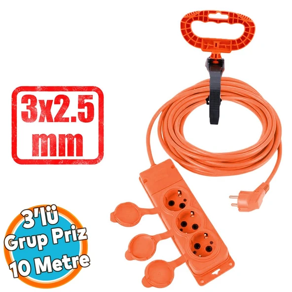 Seyyar Topraklı Kapaklı 3'lü Grup Priz Fiş 10 Metre CCA Uzatma Kablosu 3x2.5 mm Monofaze Çoğaltıcı