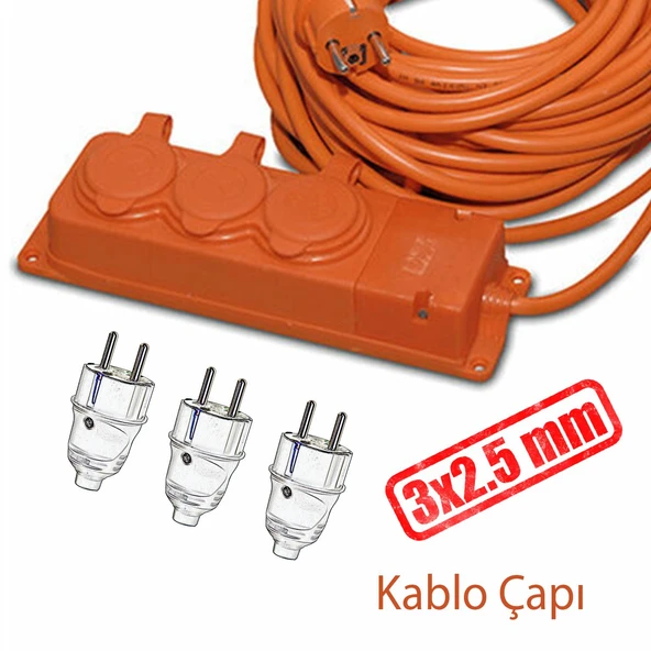 Seyyar Topraklı Kapaklı 3'lü Grup Priz Fiş 10 Metre CCA Uzatma Kablosu 3x2.5 mm Monofaze Çoğaltıcı - 2