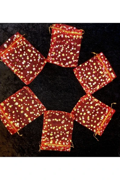 Kırmızı Organze Tül Kese ,100 Parça, (9 X 12 CM) Kına Çerez Nişan Hediye Kesesi, Gold Puanlı