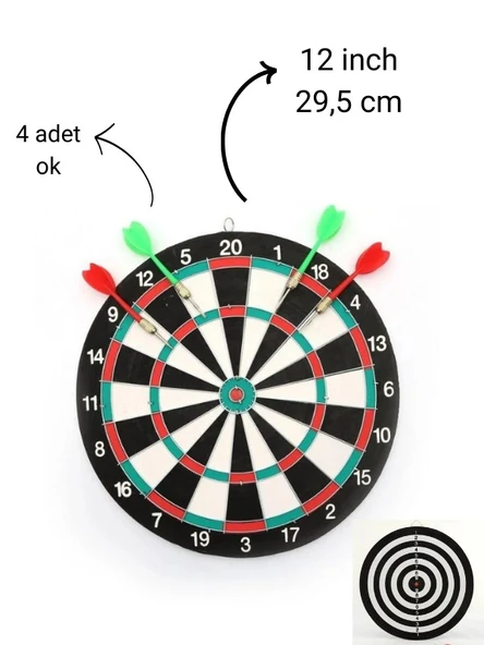 12 İnç Dart Tahtası  Mini Boy Çift Taraflı Dart Oyun Seti  4 Oklu