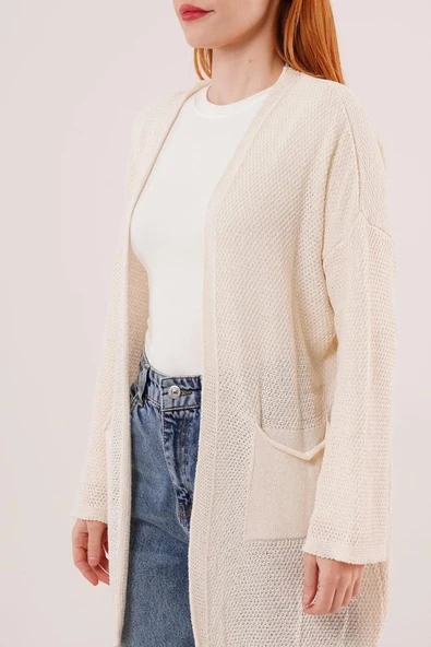 Cepli Salaş Model Triko Uzun Krem Hırka - 3