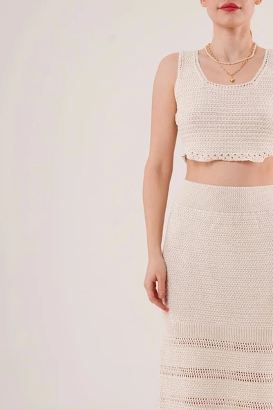 Örme Detaylı Etek Ve Bluz Krem Takım - Resim 4