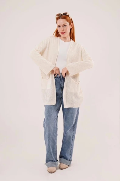Cepli Salaş Model Triko Uzun Krem Hırka - 2