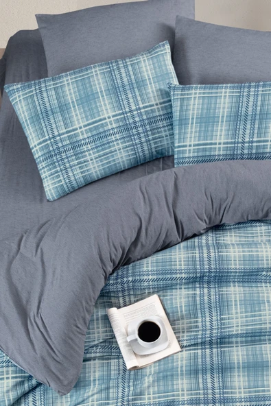 Lastikli Çarşaflı Tek Kişilik Nevresim Takımı Ekose - Resim 4