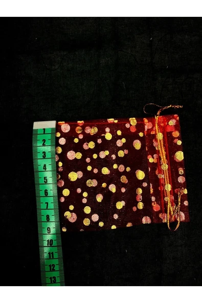 Kırmızı Organze Tül Kese ,100 Parça, (9 X 12 CM) Kına Çerez Nişan Hediye Kesesi, Gold Puanlı - 3