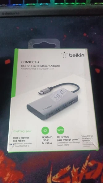Belkin USB C 4'ü 1 Arada Çok Bağlantı Noktalı Adaptör (4K HDMI, USB-C 100W PD Geçişli Şarj ve Daha Fazlası için 2 x USB A Bağlantı Noktası (OUTLET)
