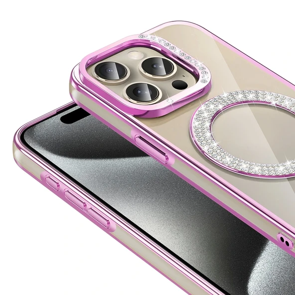 Apple iPhone 15 Pro Kılıf Pırlanta Taş Tasarımlı Magsafe Şarj Özellikli Redclick Karetta Silikon Kapak - Resim 3