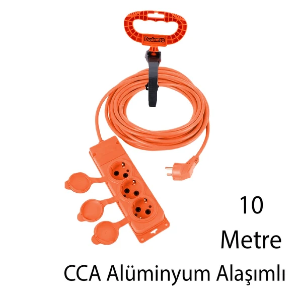 Seyyar Topraklı Kapaklı 3'lü Grup Priz Fiş 10 Metre CCA Uzatma Kablosu 3x2.5 mm Monofaze Çoğaltıcı - 3