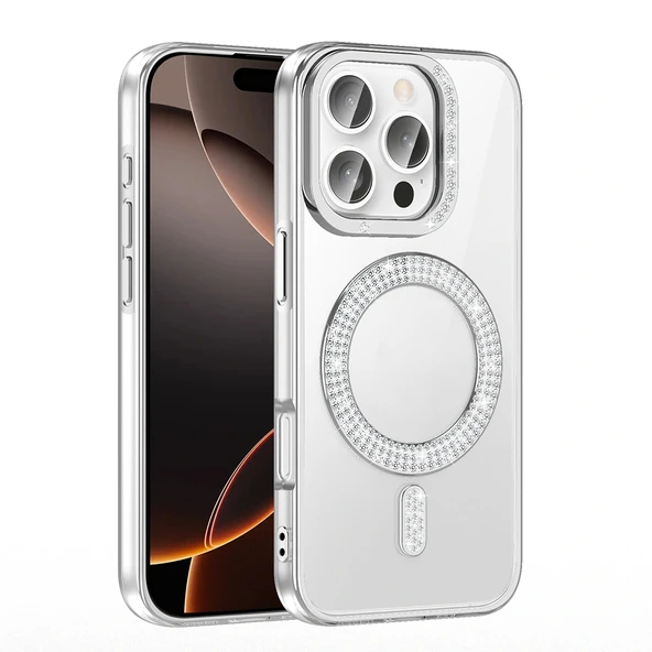 Apple iPhone 16 Pro Kılıf Pırlanta Taş Tasarımlı Magsafe Şarj Özellikli Redclick Karetta Silikon Kapak - Resim 2