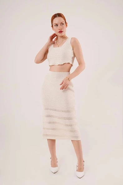 Örme Detaylı Etek Ve Bluz Krem Takım ürün görseli 1