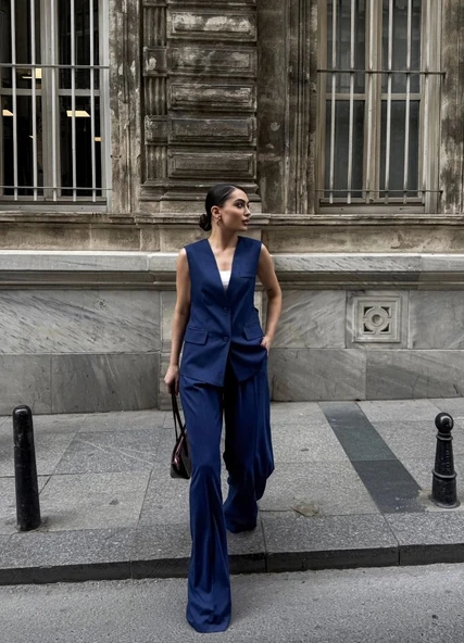 Poly Viscose Arkasi Düğme Ve Kemer Detayli Yelek Pantolon Takim - 3