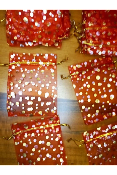 Kırmızı Organze Tül Kese ,100 Parça, (9 X 12 CM) Kına Çerez Nişan Hediye Kesesi, Gold Puanlı - 8