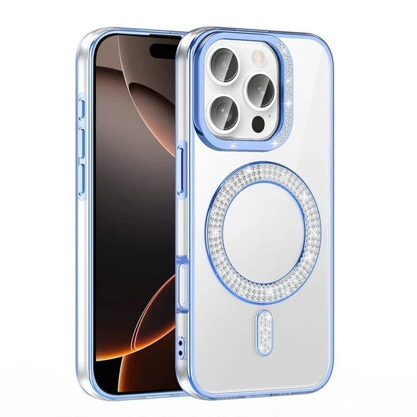 Apple iPhone 16 Pro Kılıf Pırlanta Taş Tasarımlı Magsafe Şarj Özellikli Redclick Karetta Silikon Kapak - Resim 10