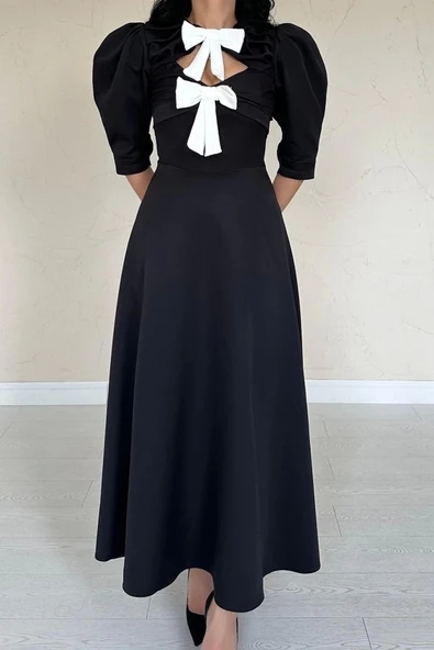 Siyah Ön Dekolteli Fiyonk Garnili Uzun Elbise - Resim 4