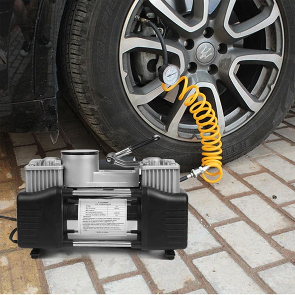 Çift Pisyonlu 12 V Araç Tipi Çakmaklık Metal Hava Kompresörü Araba Bisiklet Teker Lastik Top Şişirme - 4