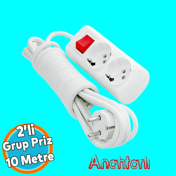 Kablolu Grup Priz Fiş 10 Metre Topraklı Anahtarlı Düğmeli Çoklu Çoğaltıcı Asmalı 2'li Uzatma