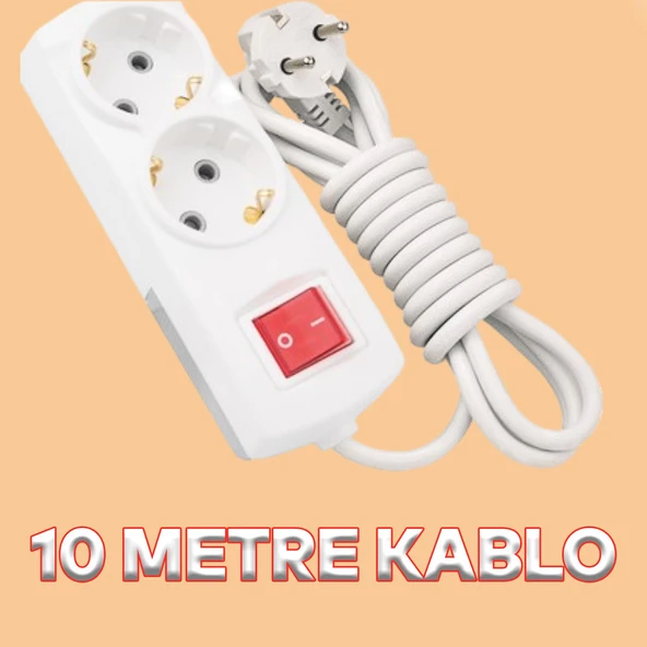 Kablolu Grup Priz Fiş 10 Metre Topraklı Anahtarlı Düğmeli Çoklu Çoğaltıcı Asmalı 2'li Uzatma - 2