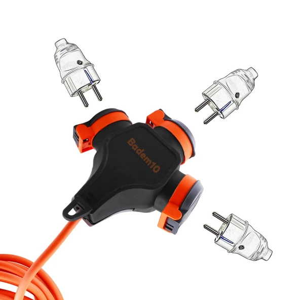 Seyyar Topraklı 3'lü Grup Priz Fiş 10 Metre Çoklu Asmalı Uzatma Kablosu 3x2.5 mm Monofaze Çoğaltıcı - 3