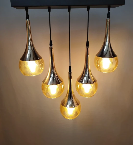 5 Lİ SARI CAMLI METAL AVİZE - 4