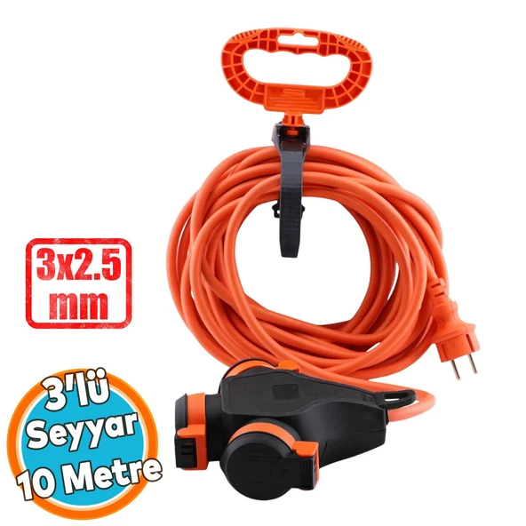 Seyyar Topraklı 3'lü Grup Priz Fiş 10 Metre Çoklu Asmalı Uzatma Kablosu 3x2.5 mm Monofaze Çoğaltıcı