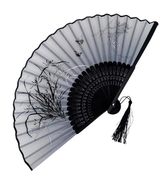 Beluga Yelpaze Bambu Kumaş Serinletici Vintage Siyah Şık Dekorasyon Püsküllü Japon Yelpaze 0181