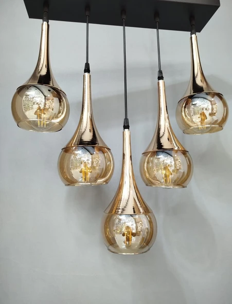 5 Lİ SARI CAMLI METAL AVİZE - 3