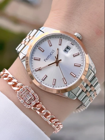Ferrucci Çelik Kordon 2 Yıl Garantili Takvinli Kadran Suya Dayanıklı Kadın Kol Saati BFC.03298.04 ürün görseli