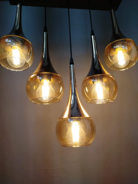 5 Lİ SARI CAMLI METAL AVİZE - 2