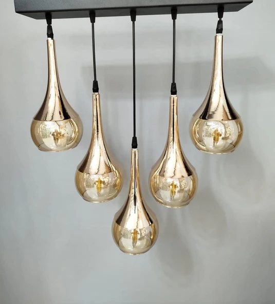 5 Lİ SARI CAMLI METAL AVİZE