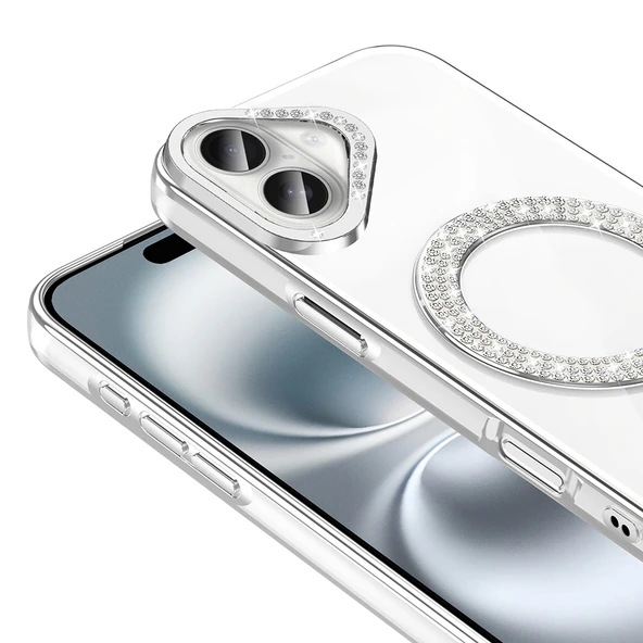 Apple iPhone 16 Kılıf Pırlanta Taş Tasarımlı Magsafe Şarj Özellikli Redclick Karetta Silikon Kapak - Resim 7